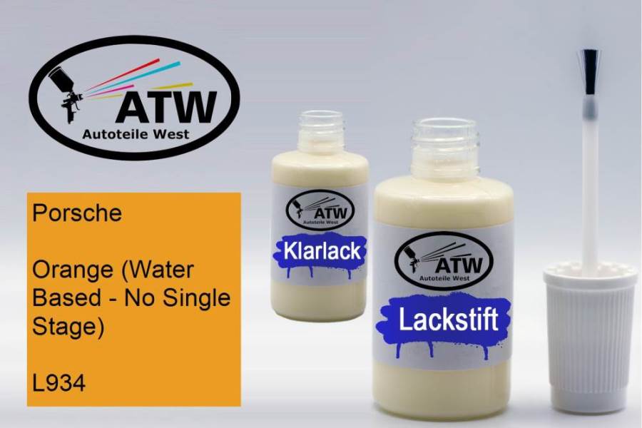 Porsche, Orange (Water Based - No Single Stage), L934: 20ml Lackstift + 20ml Klarlack - Set, von ATW Autoteile West.